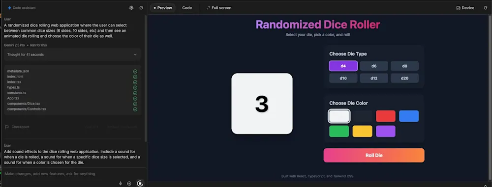 Google AI Studio vibe coding dice roll app